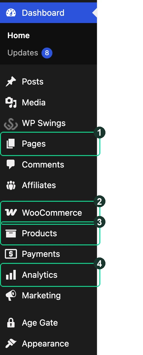 Screenshot: The left menu, top to bottom