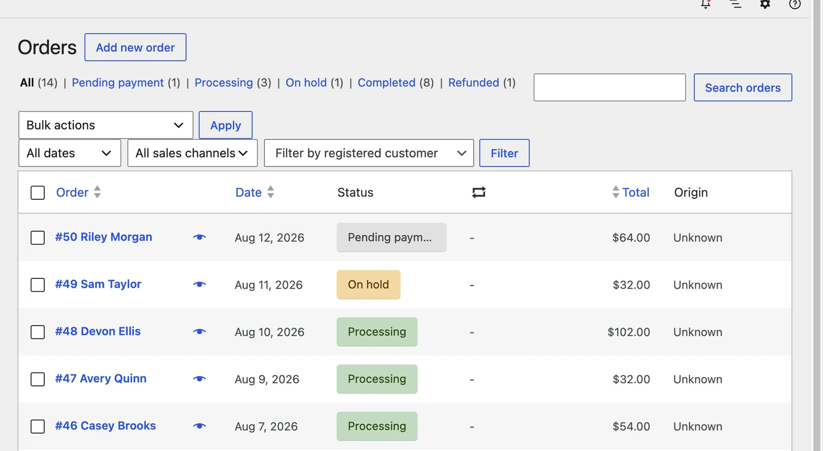 Screenshot: Every order that has ever been placed, newest first