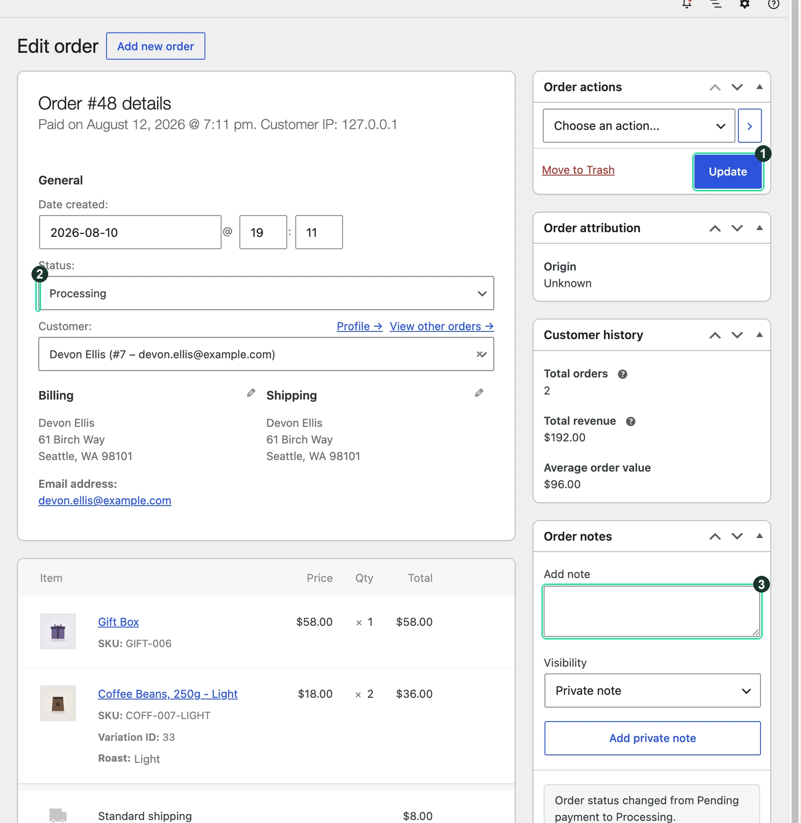 Screenshot: One order, opened