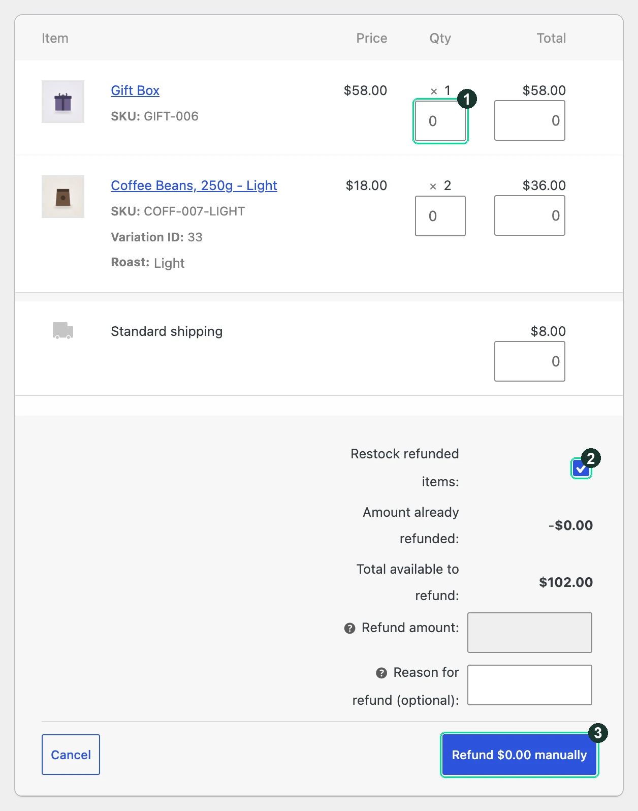 Screenshot: The refund panel, which opens under the items when you click Refund
