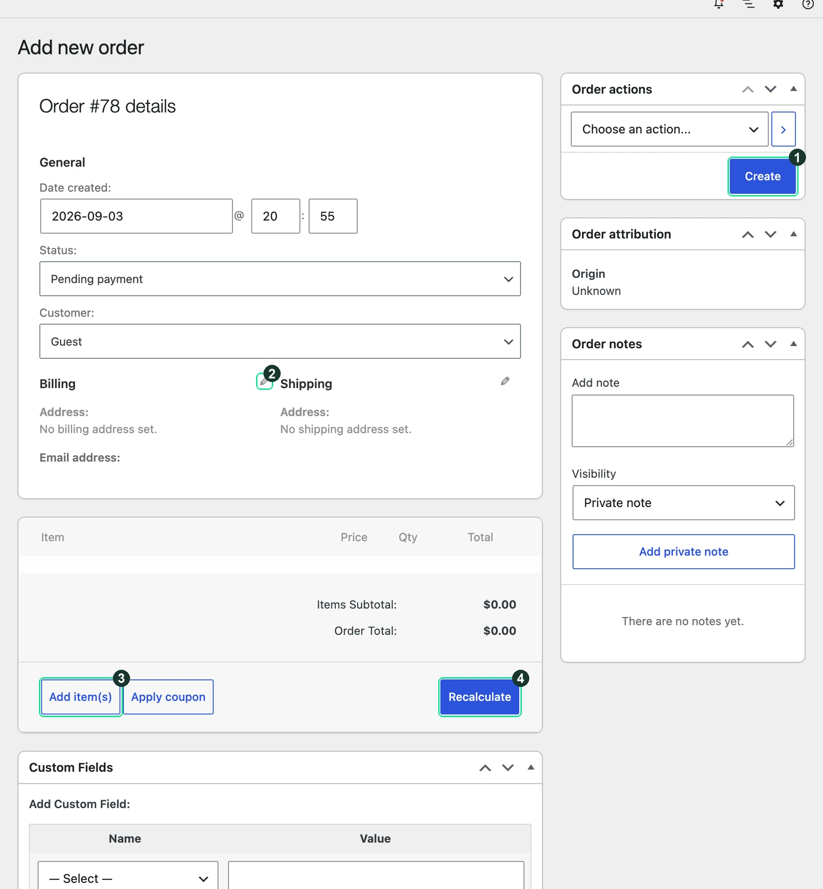 Screenshot: A new, empty order