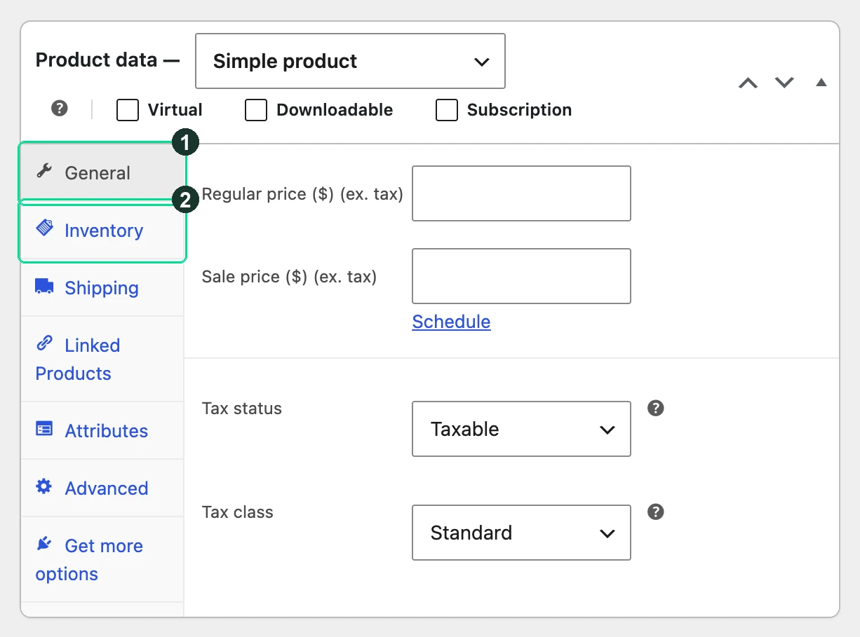 Screenshot: The Product data panel is where everything commercial lives