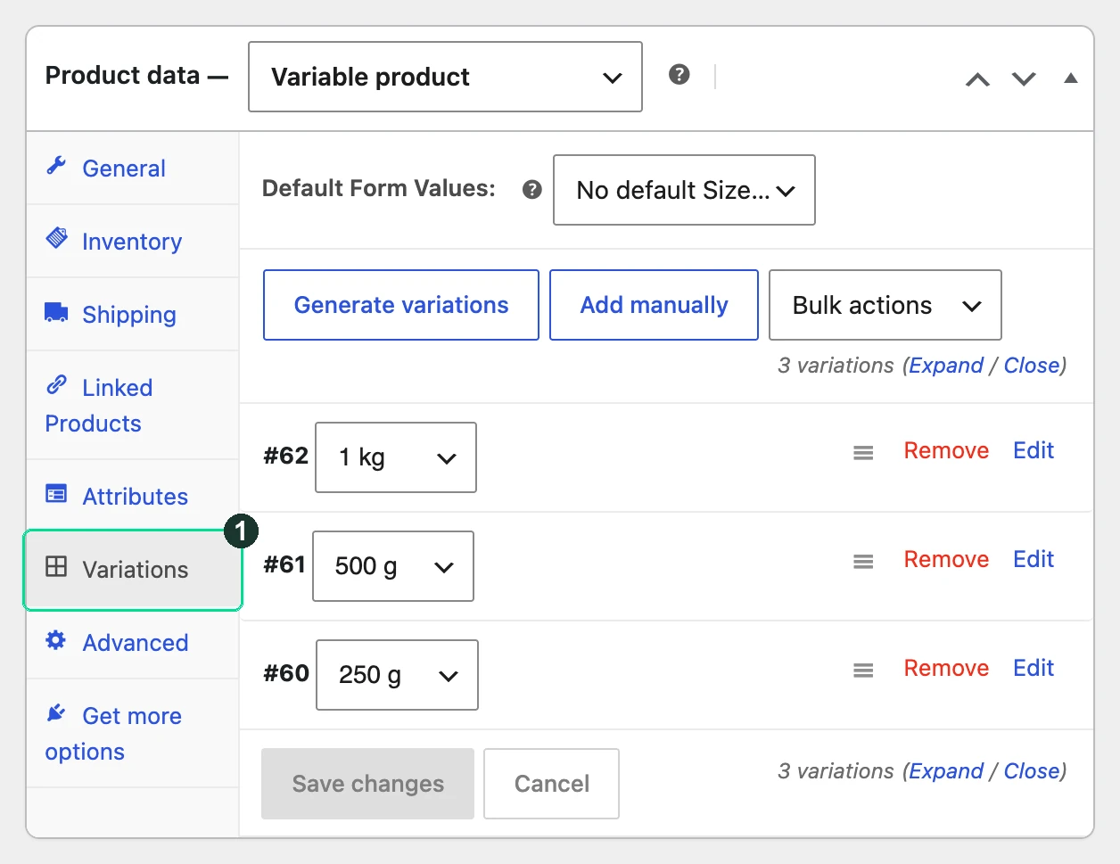 Screenshot: A variable product