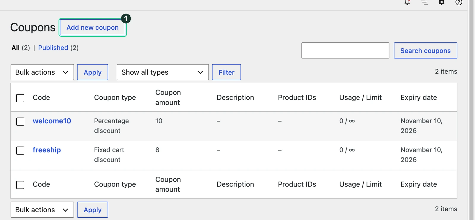 Screenshot: Every discount code you have created
