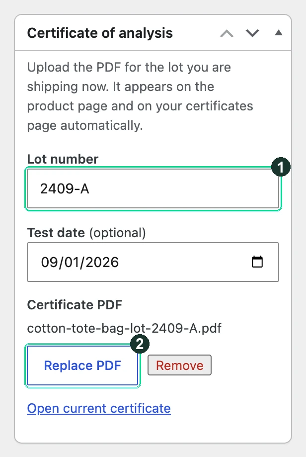 Screenshot: The Certificate of analysis box, in the right-hand column of any product