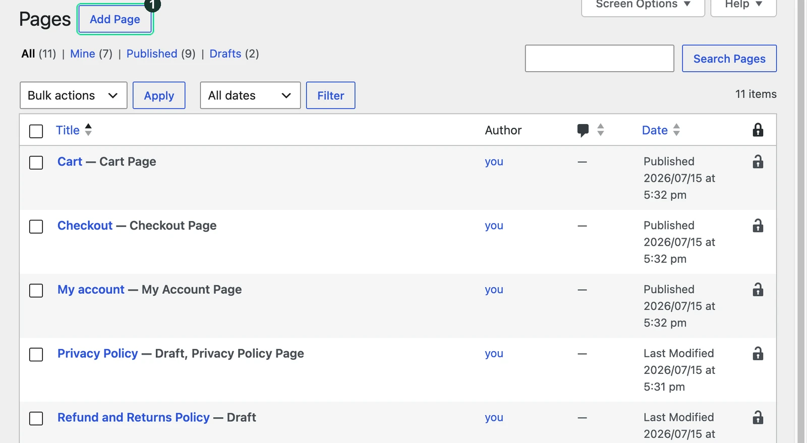 Screenshot: Your pages