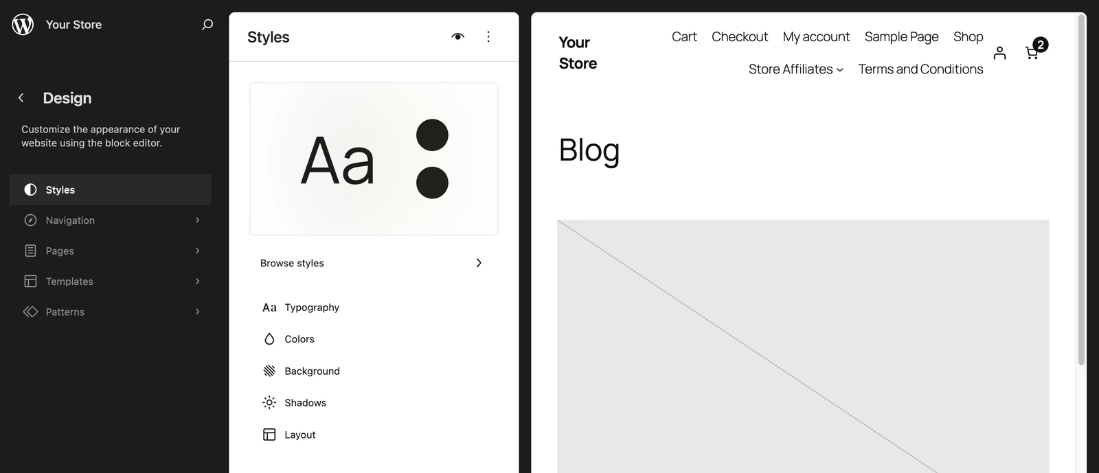 Screenshot: Appearance, then Editor, then Styles