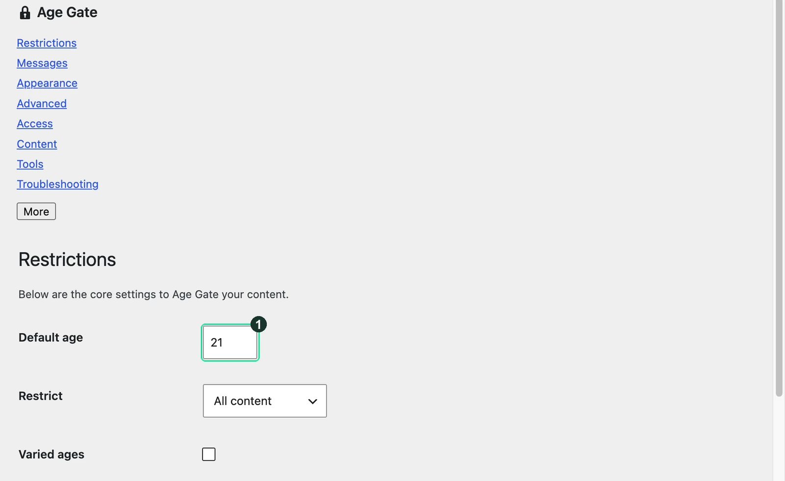 Screenshot: Settings, then Age Gate
