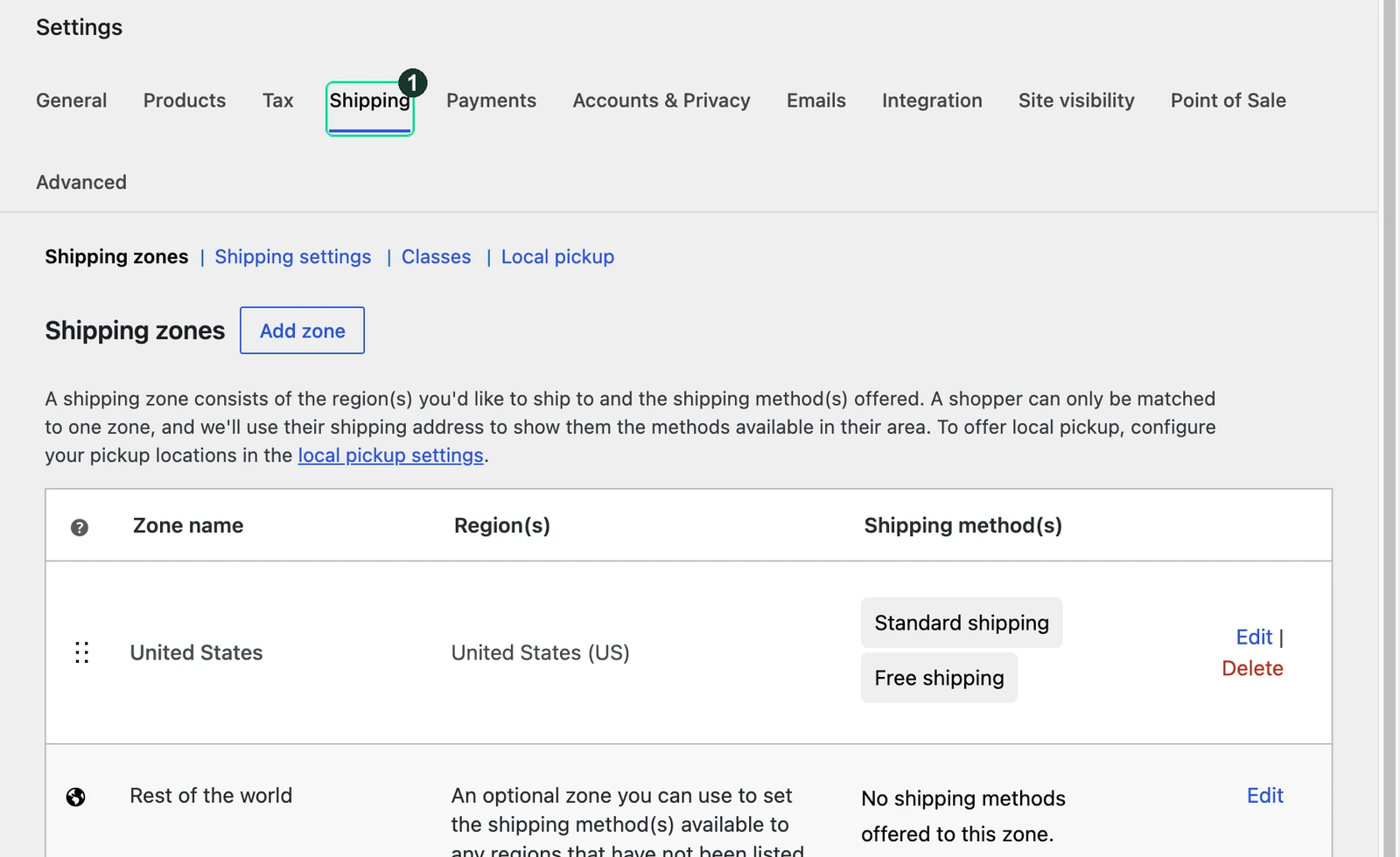 Screenshot: Shipping is built from zones
