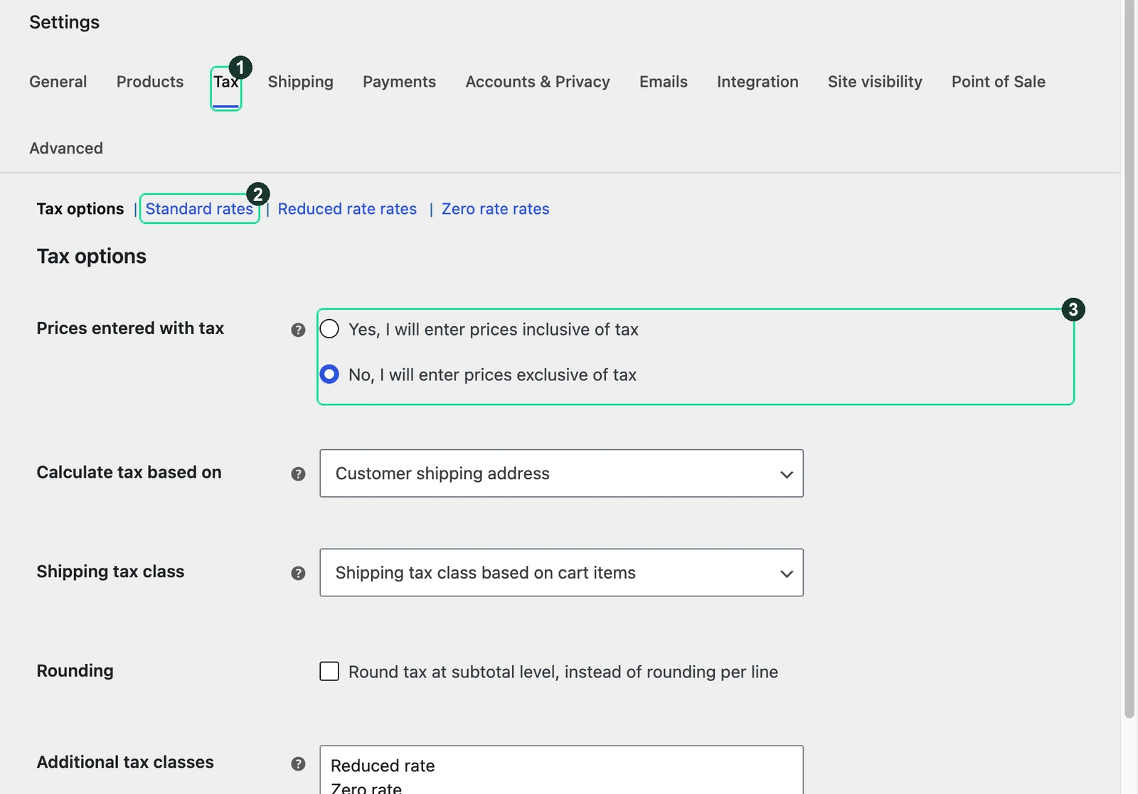 Screenshot: The Tax tab, once tax is switched on