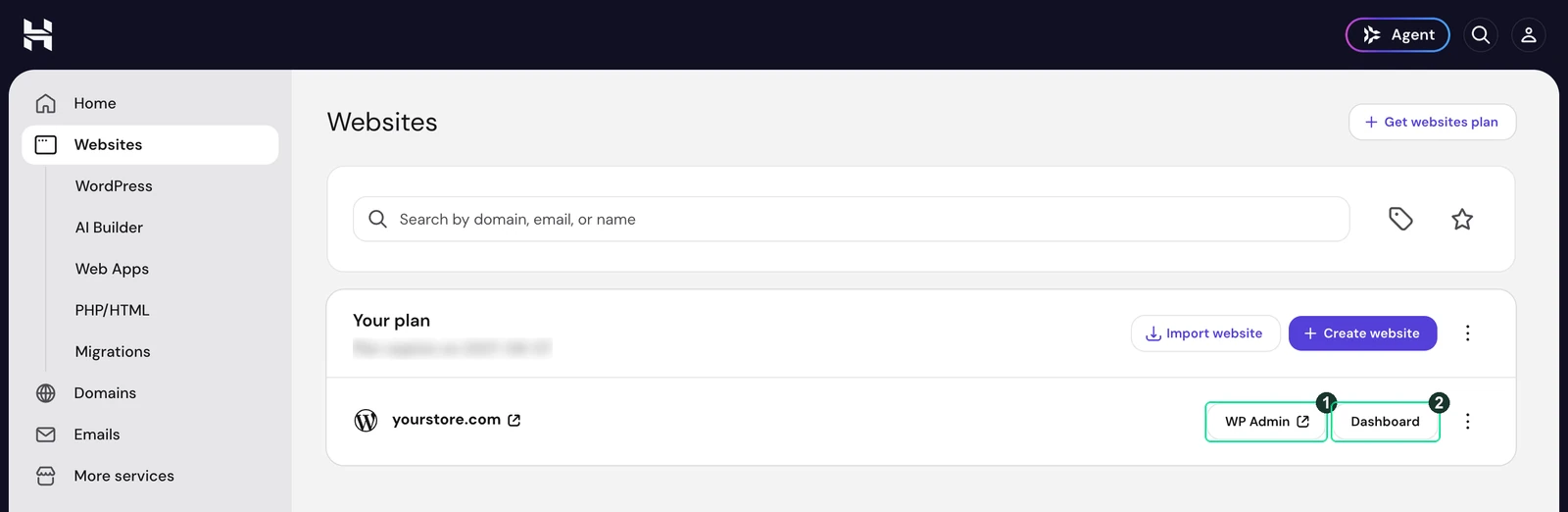 Screenshot: The Websites page, the first thing you see