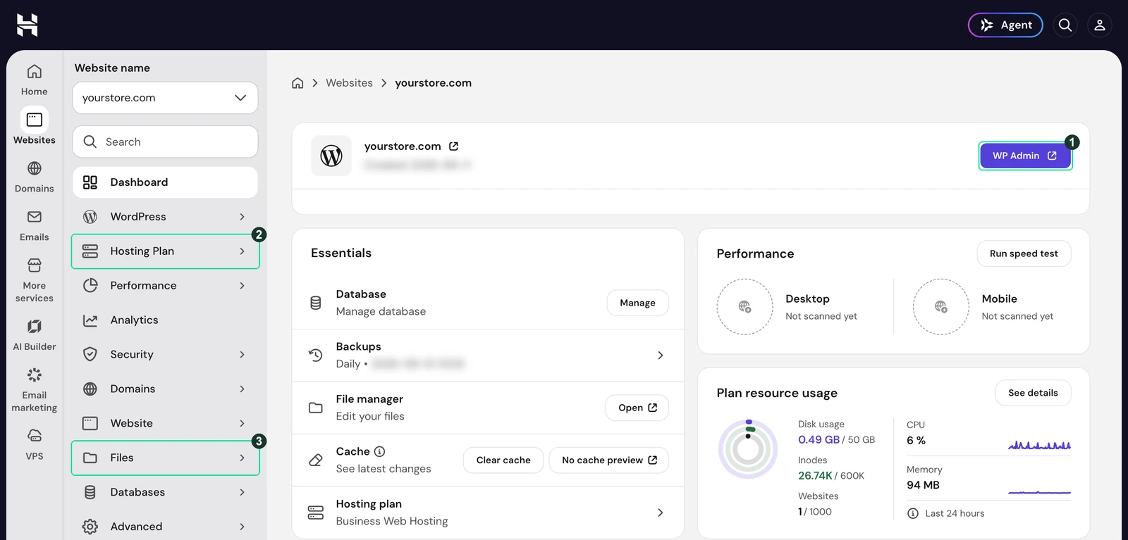 Screenshot: Your site's dashboard in Hostinger