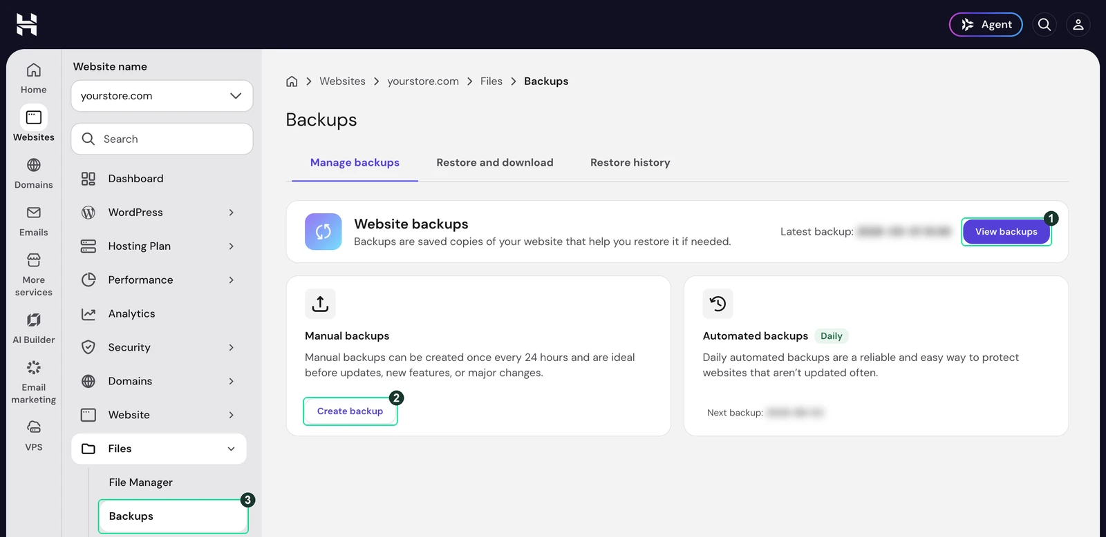 Screenshot: Files, then Backups, in your site's Hostinger dashboard
