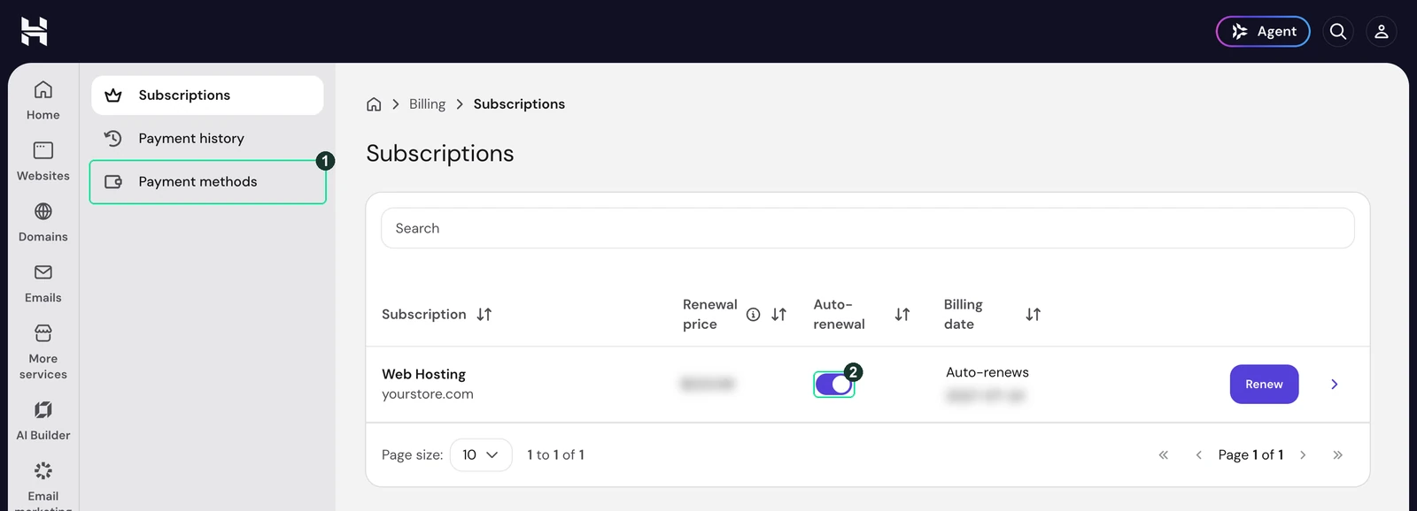 Screenshot: Billing, then Subscriptions